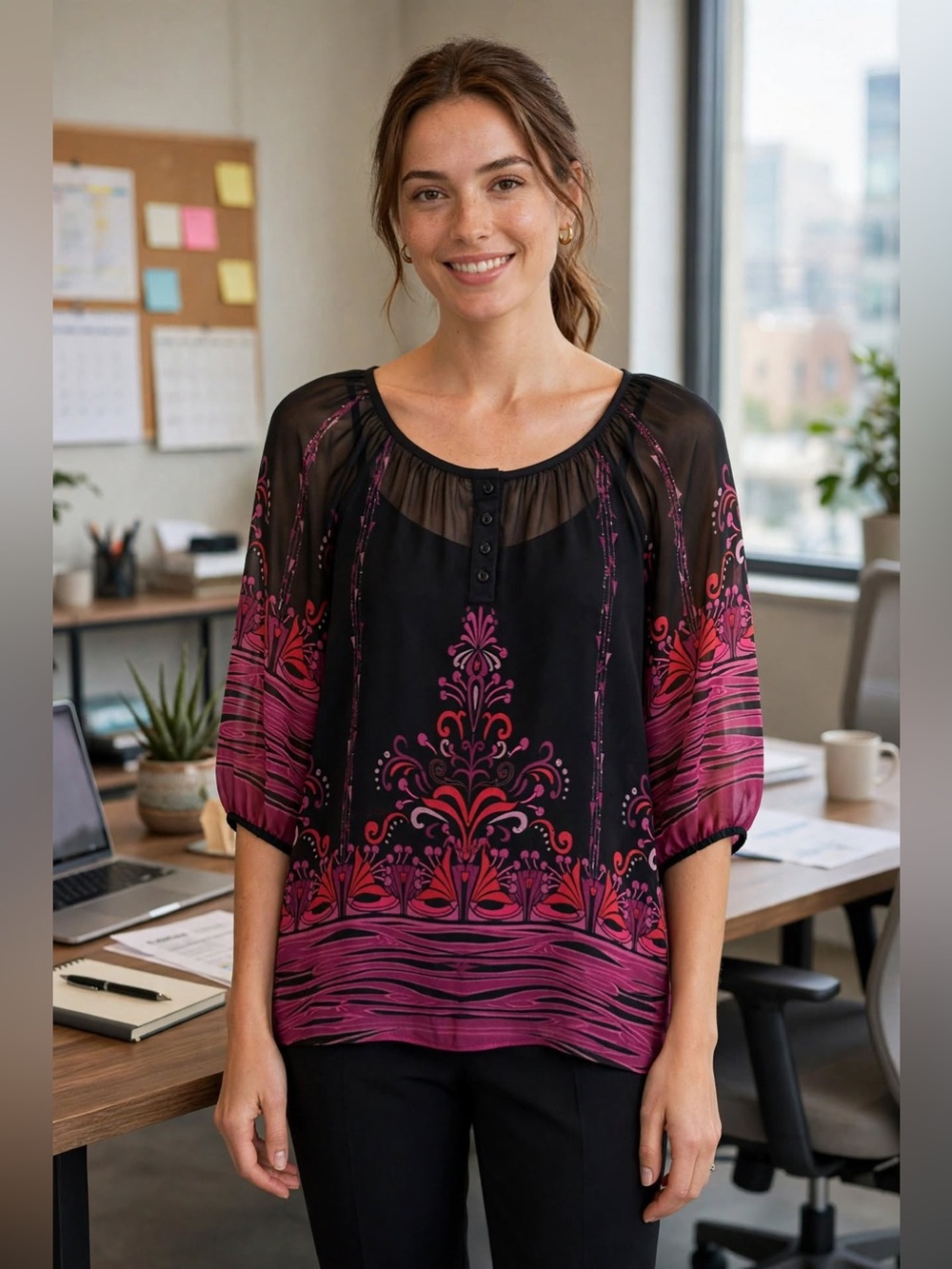 Erin B. Women's Black Sheer Blouse with Pink & Red Floral Accents